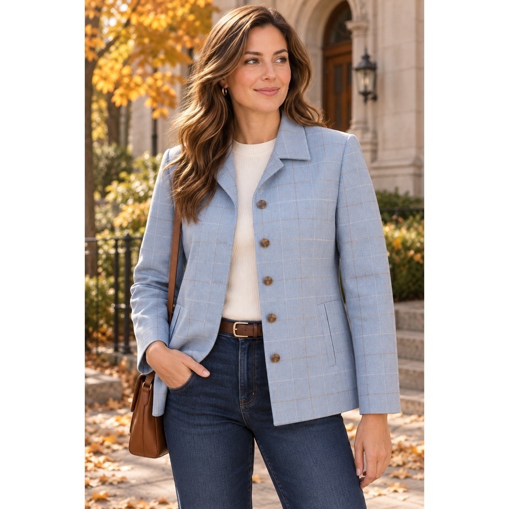Pendleton Womens 6P Blue Windowpane 100% Virgin Wool Blazer Petite Preppy